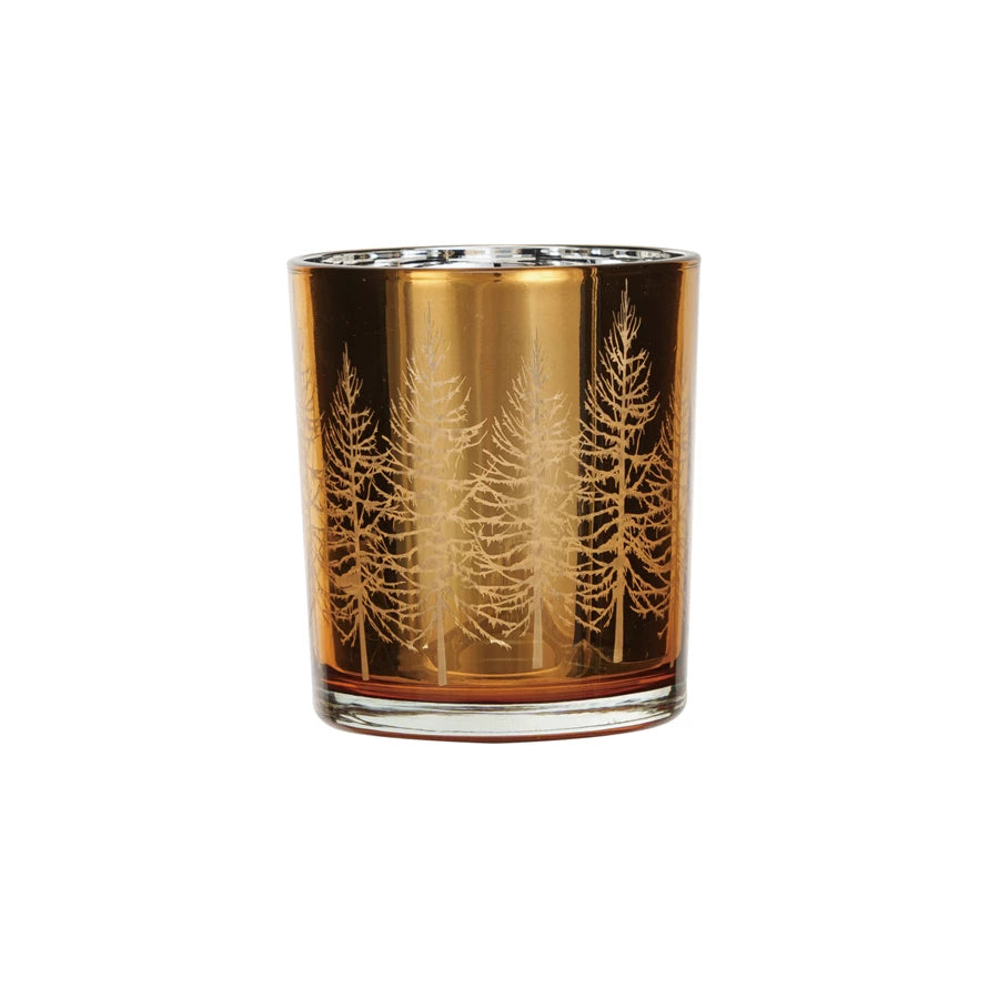 Mercury Glass Tealight/Votive Holder w/Laser Etched Trees,| Gold Finish