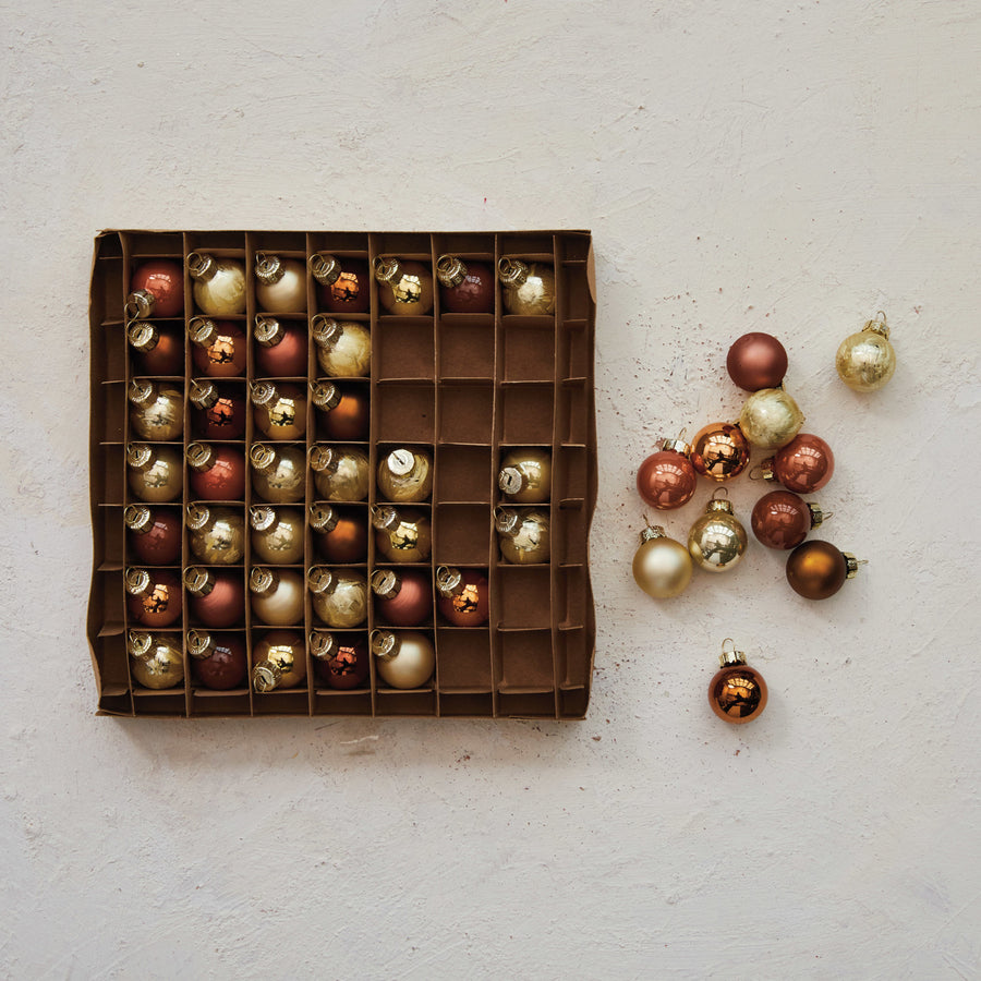 Boxed S/49 Round Glass Ball Ornaments |  Brown & Gold Finish