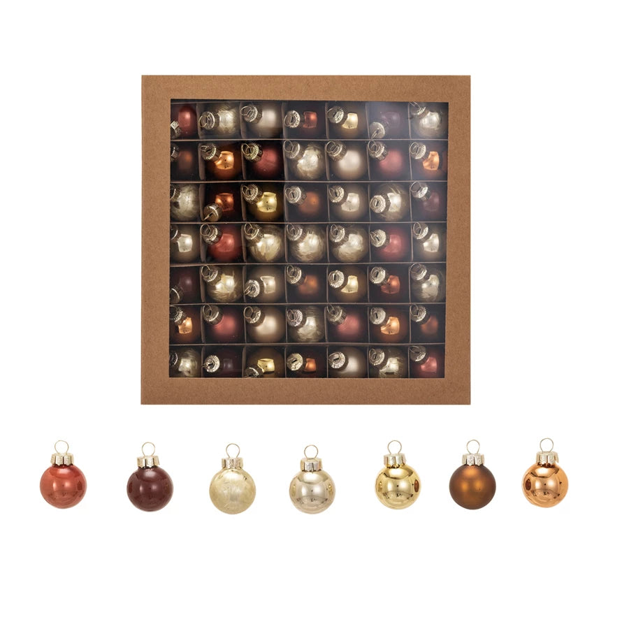 Boxed S/49 Round Glass Ball Ornaments |  Brown & Gold Finish