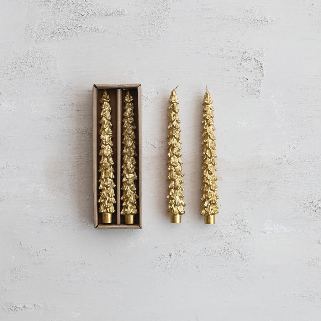 S/2 Tree Shaped Gold Taper Candles  | 10"H