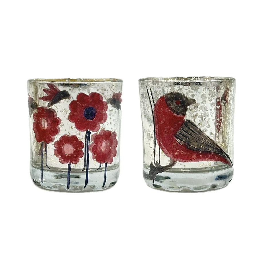 Mercury Glass Tealight/Votive Holder with Bird/Flowers