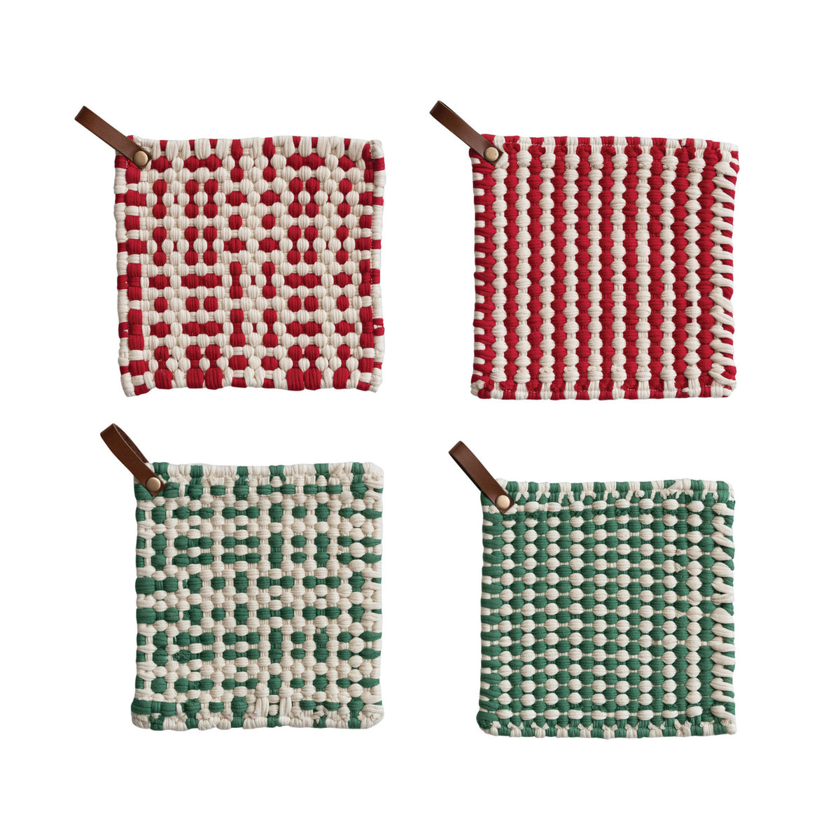 Cotton Crocheted Pot Holder w/Leather Loop | Holiday