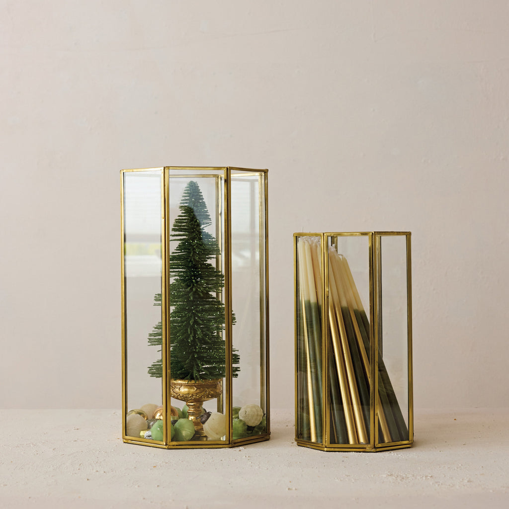 Antique Brass & Glass Octagonal Container