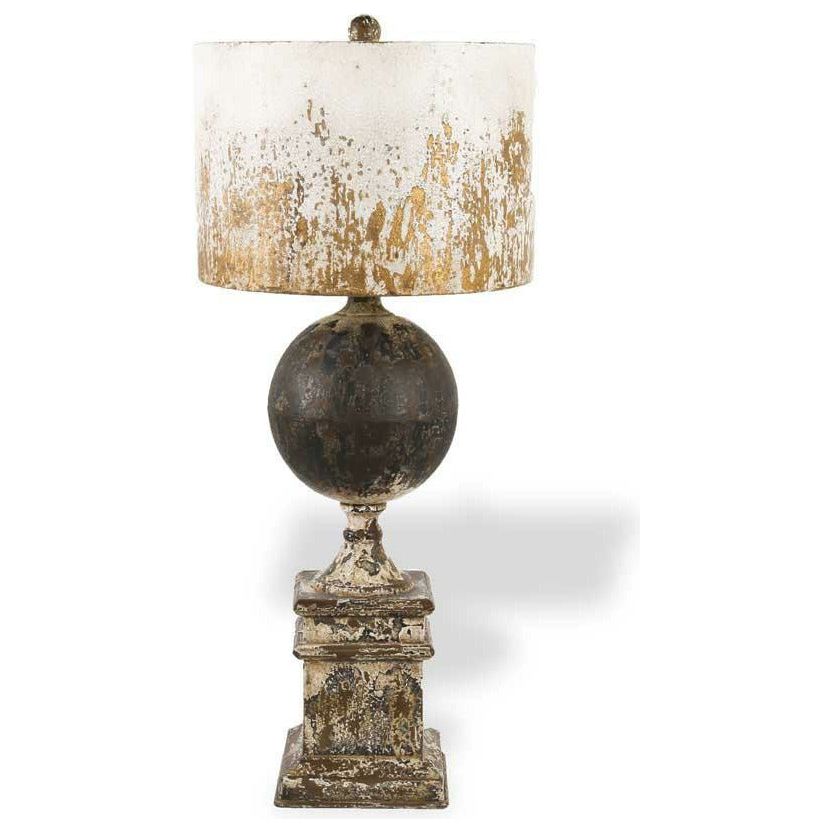 28" Distressed Metal Square Base Lamp w/Ball and White Rustic Shade