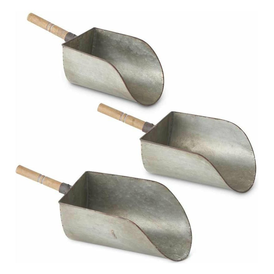 Set of 3 Galvanized Scoops w/Wood Handle