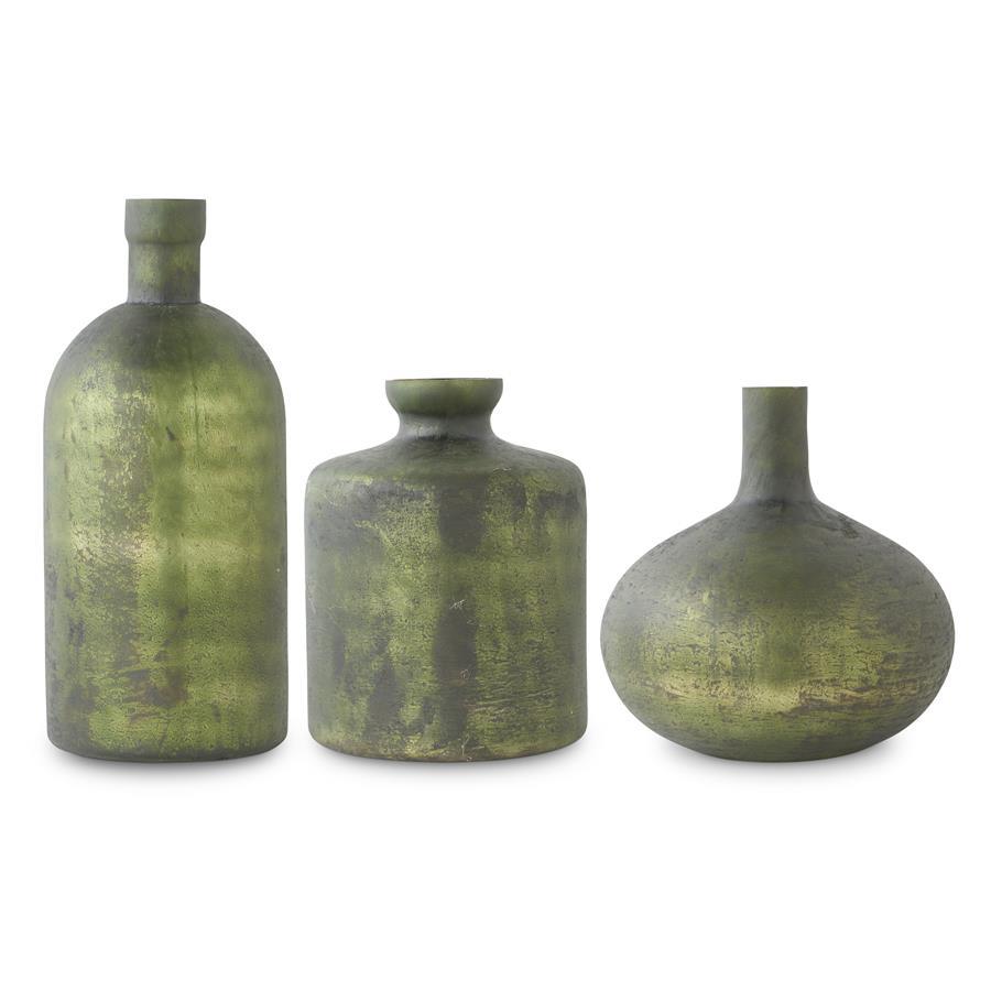 Antique Olive Green Matte Glass Bottle Vases