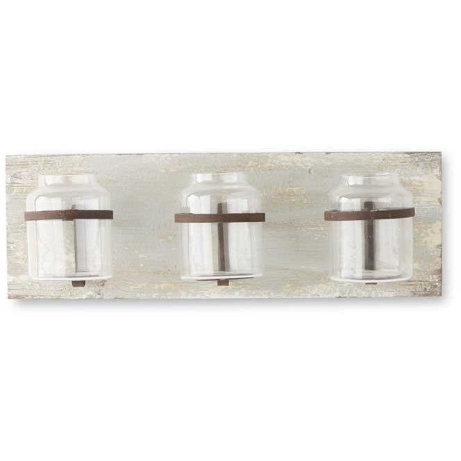 Vintage Wood Wall Decor w/3 Glass Hurricanes