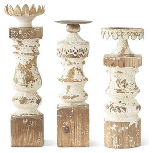 Set of 3 Metal and Wood Candleholders w/White Washed Finish