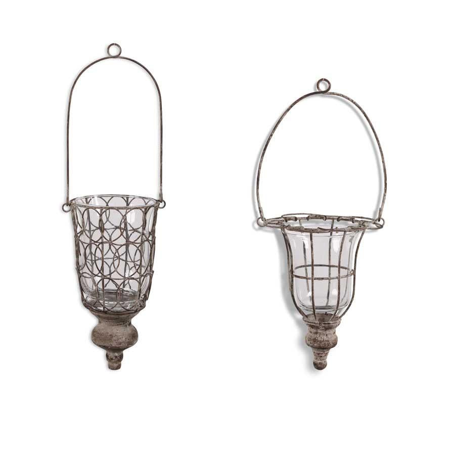 Large Gray Washed Wire and Glass Hanging Holders