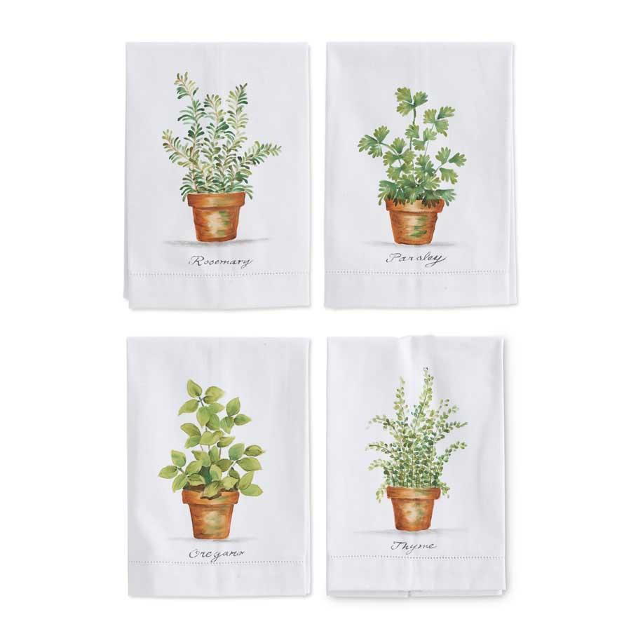 Handpainted Cotton Guest Towels w/Assorted Herbs in Pots