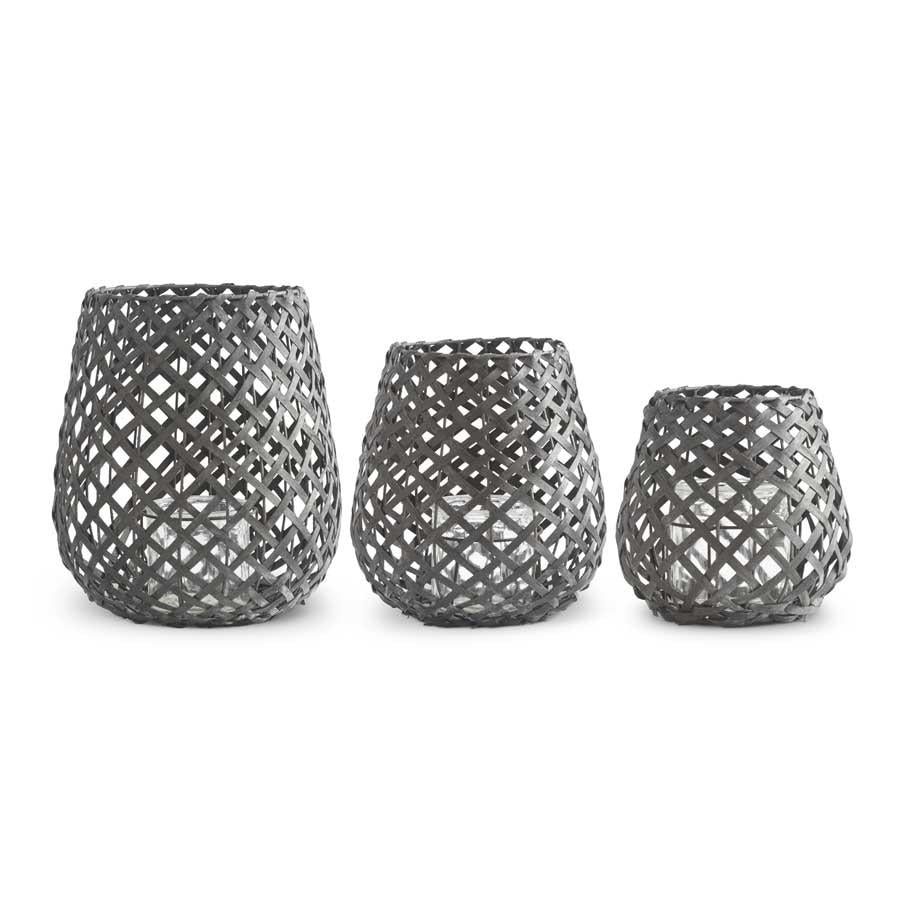 Black Woven Wood Table Lanterns w/Glass Hurricanes