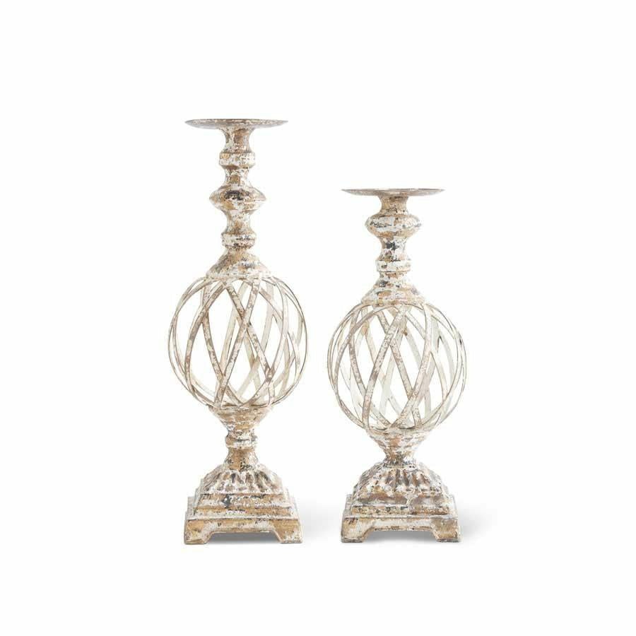 Set of 2 White and Gold Washed Woven Metal Candleholders (Grad Sizes)