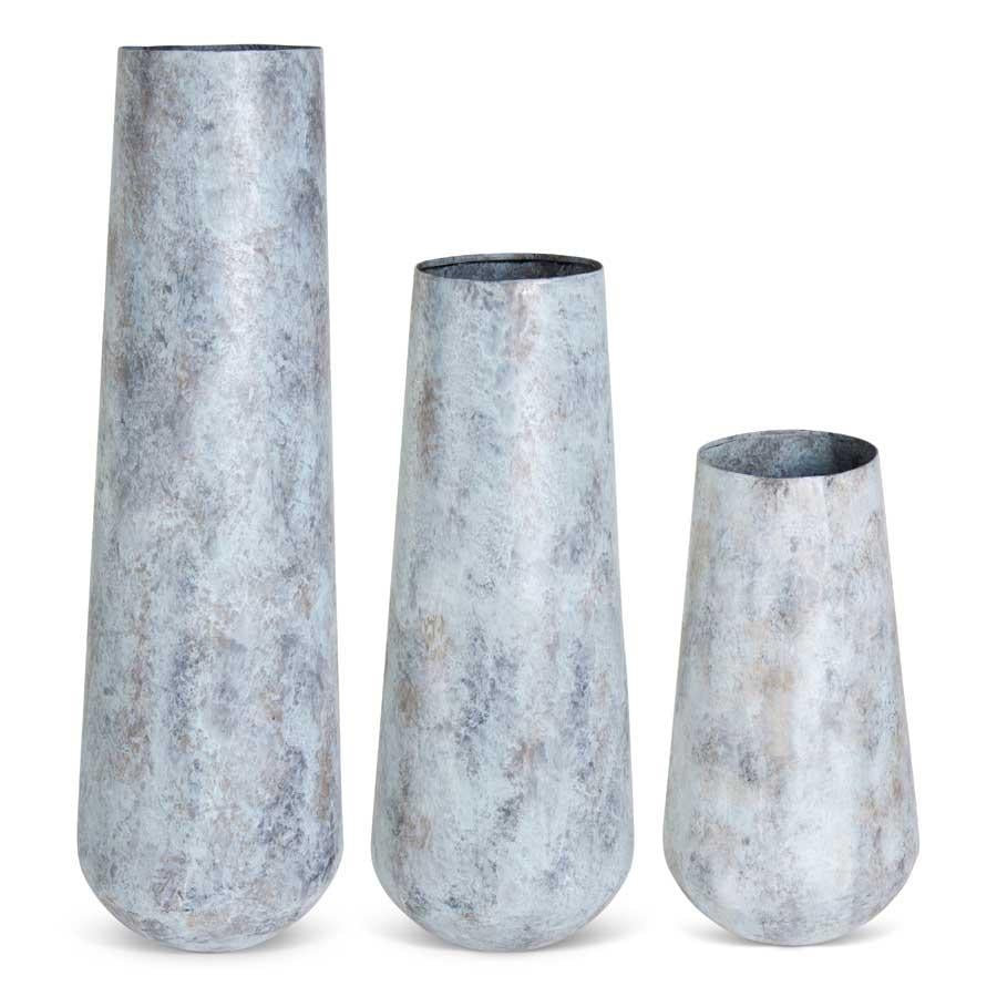 Light Blue Metal Tall Vases With Acid Washed Finish
