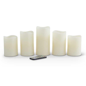 Set of 5 Smooth Cream LED Flameless Wax Pillar Candles with Timer and Remote