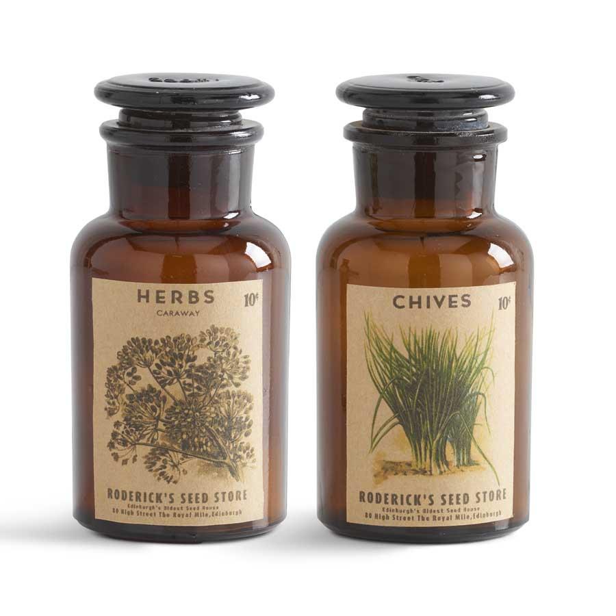 Brown Lidded Glass Bottles w/Herb Labels