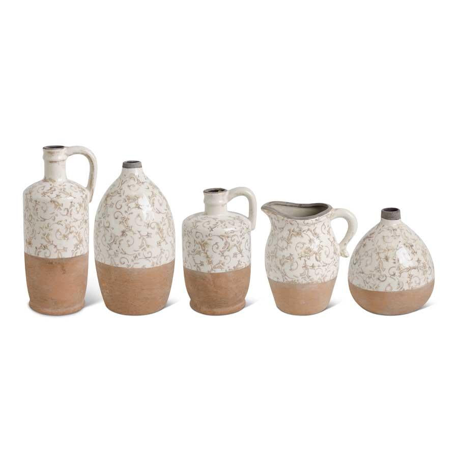 Cream Ceramic Vases w/Tan Floral Pattern