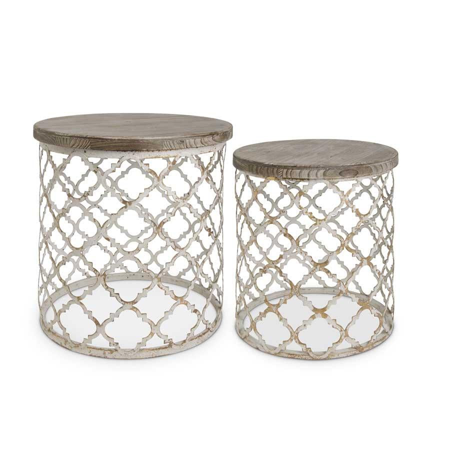 White & Gold Metal Moroccan Quatrefoil Side Tables w/Fir Wood