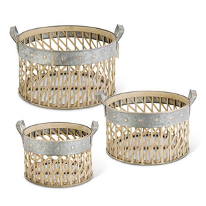 Round Woven Bamboo Baskets w/Metal Trim & Handles