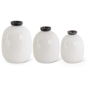 White Crackled Ceramic Vases w/Black Speckles and Rim - Style II