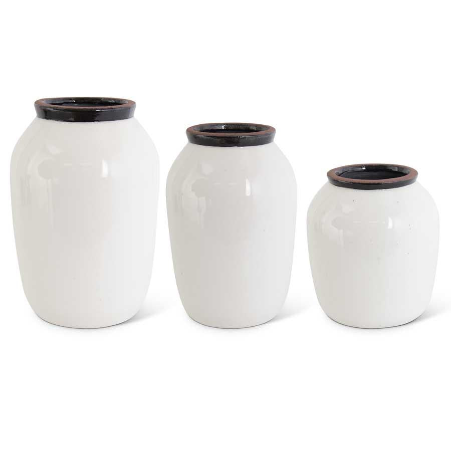 White Crackled Ceramic Vases w/Black Speckles and Rim - Style I