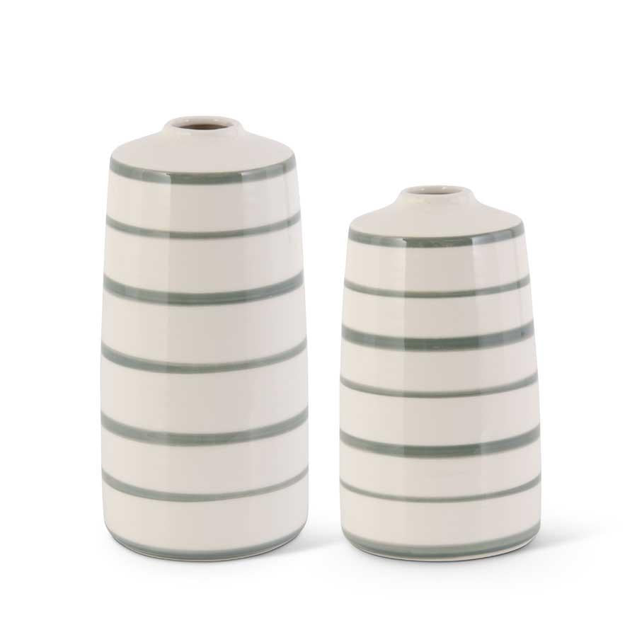 Cream & Sage Green Striped Ceramic Vases