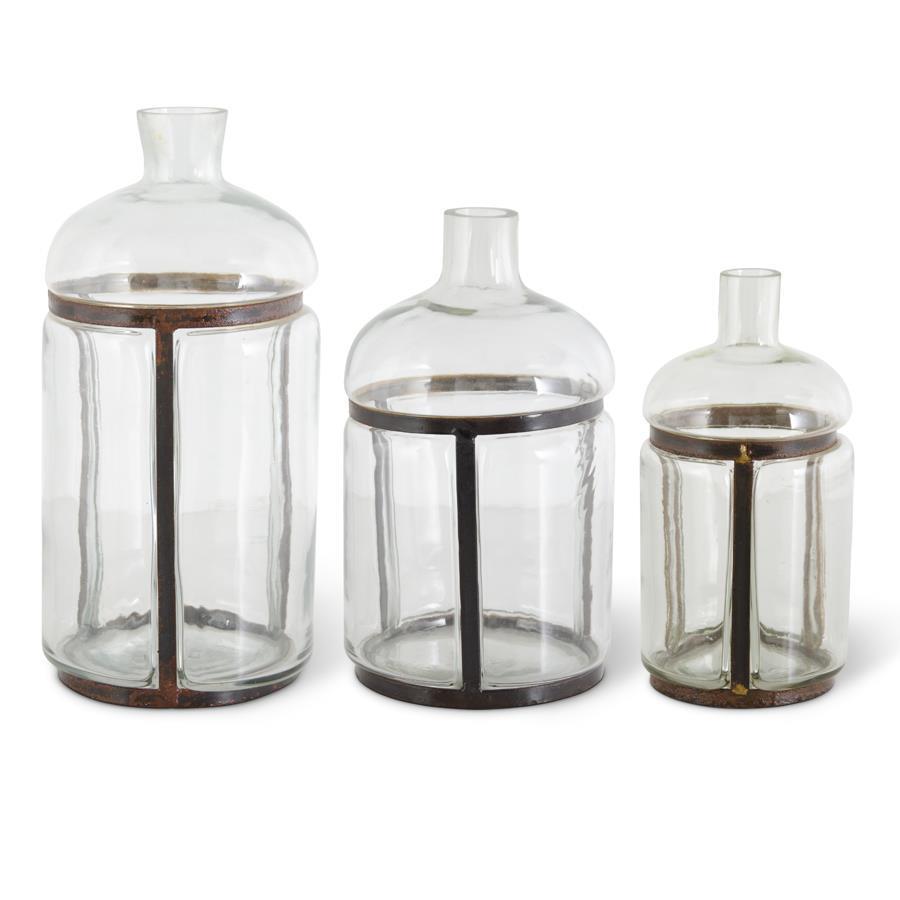 Metal Framed Clear Blown Glass Bottle