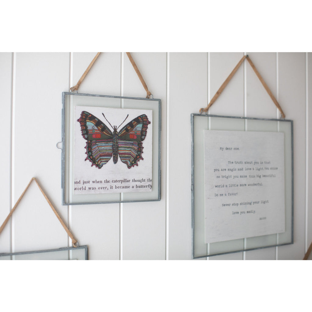 Glass & Zinc Finish Wall Hanging Picture Frame w/Brown Suede