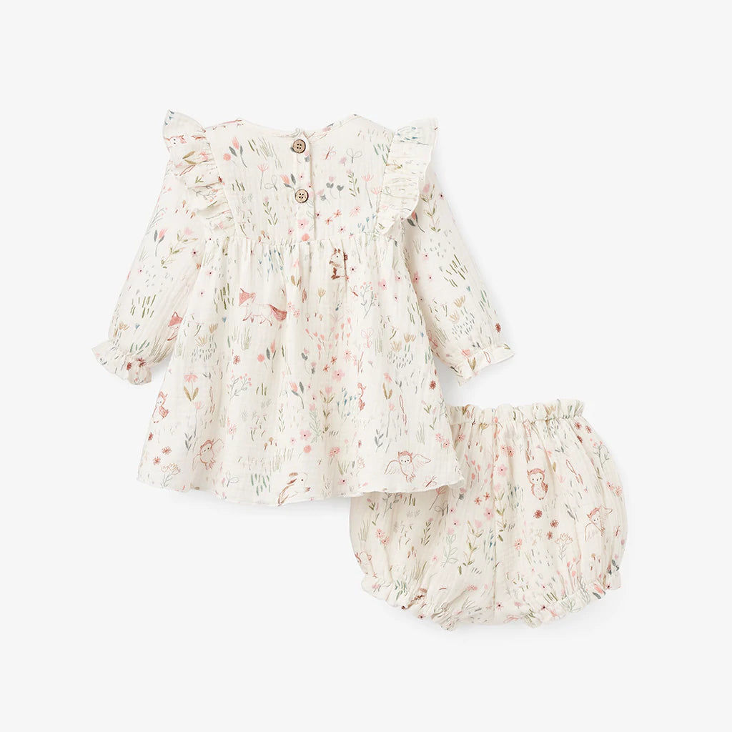 Owl Print Organic Muslin Flutter Baby Dress + Bloomer