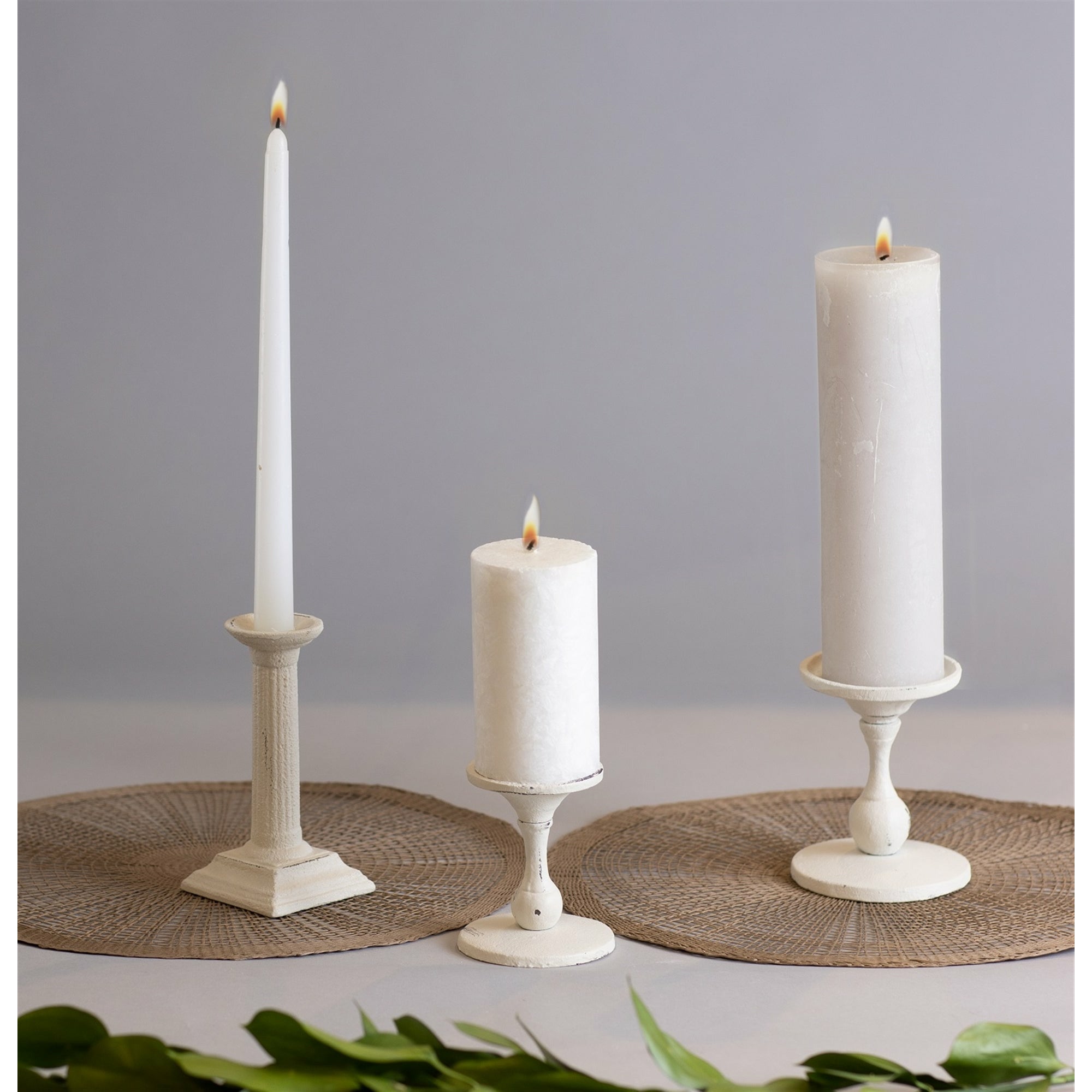 Antique White Cast Iron Pillar Candle Holder