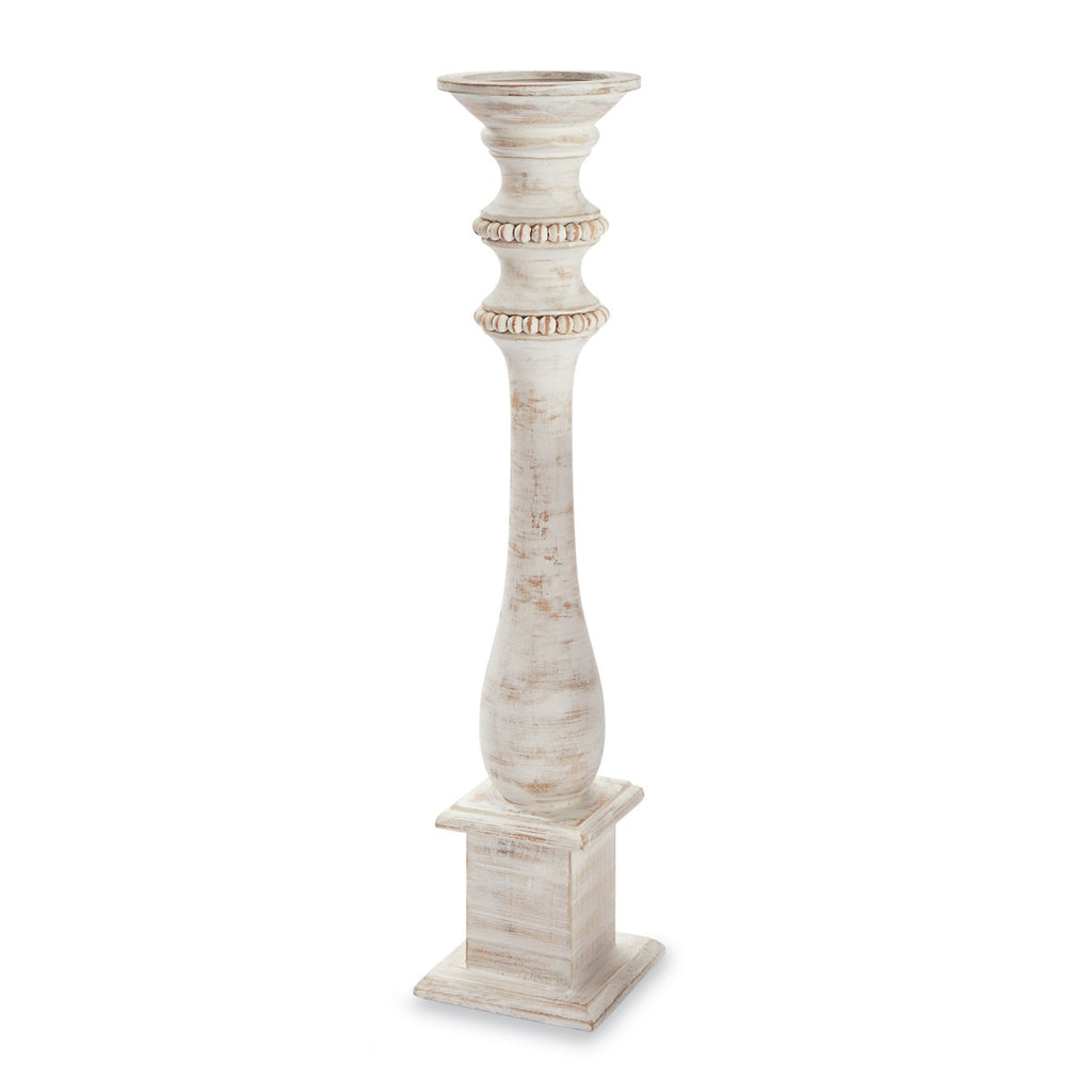 White-Washed Beaded Wood Candlestick - Large