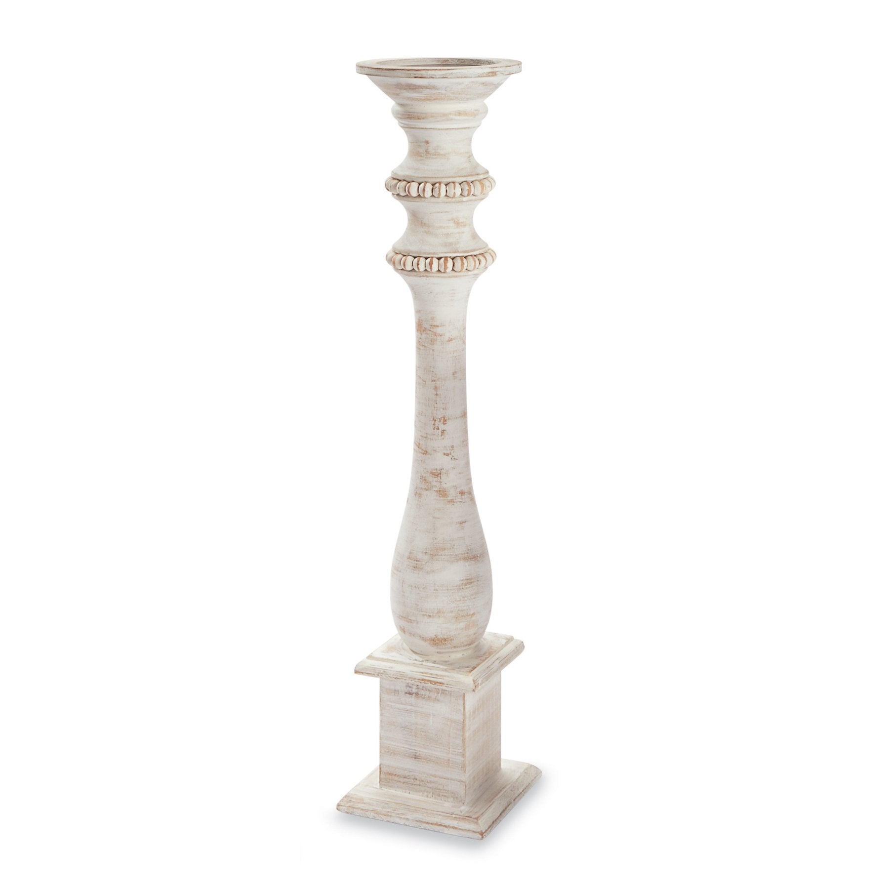 White-Washed Beaded Wood Candlestick - Large