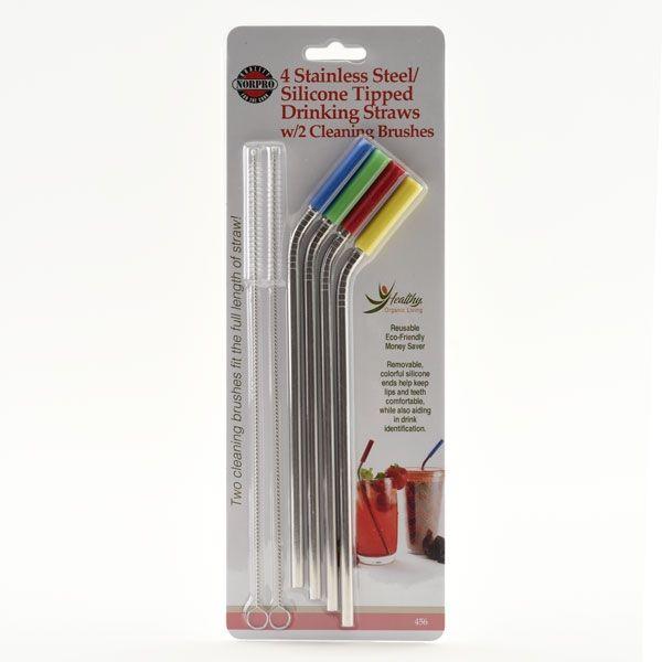 S/4 Stainless Steel/Silicone Tipped Drinking Straws w/Cleaning Brushes