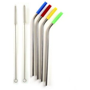 S/4 Stainless Steel/Silicone Tipped Drinking Straws w/Cleaning Brushes