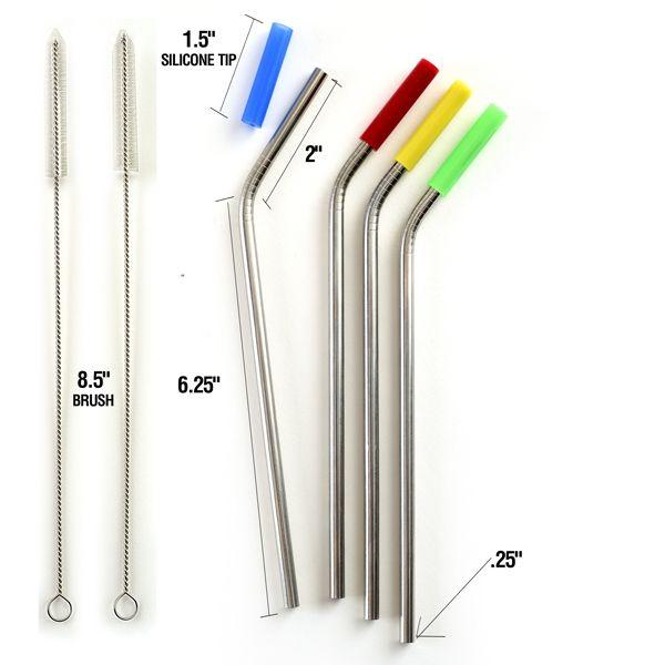 S/4 Stainless Steel/Silicone Tipped Drinking Straws w/Cleaning Brushes