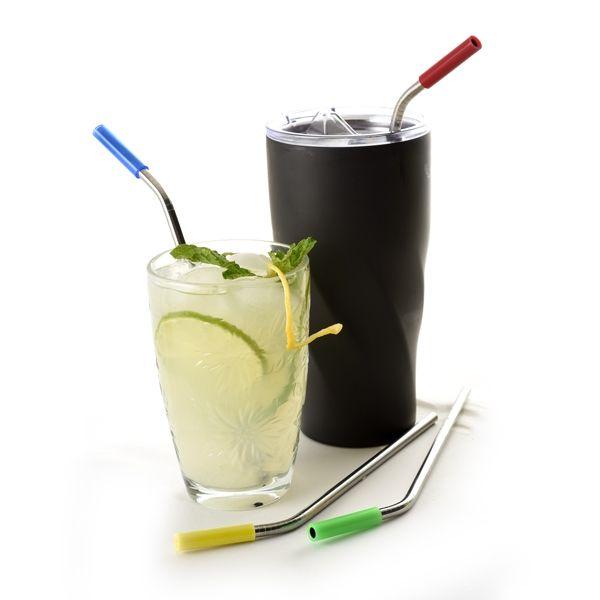 S/4 Stainless Steel/Silicone Tipped Drinking Straws w/Cleaning Brushes