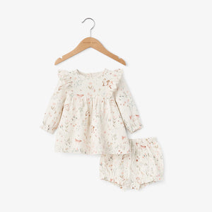 Owl Print Organic Muslin Flutter Baby Dress + Bloomer