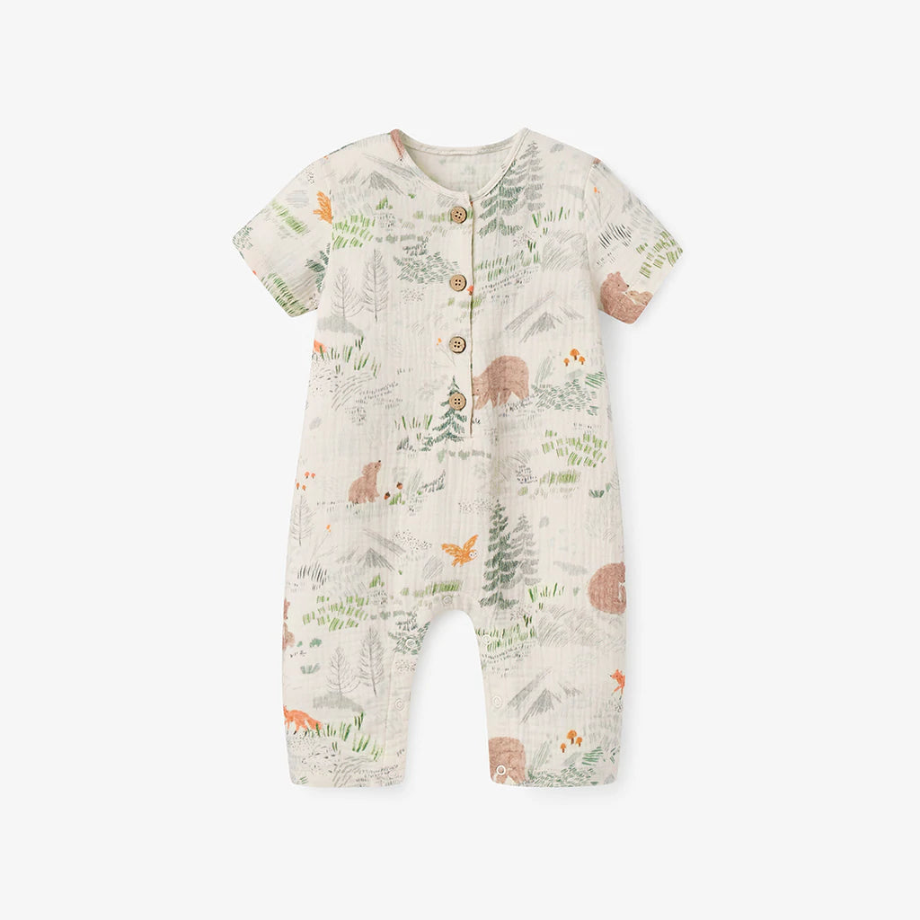 Bear  Print Organic Muslin Short Sleeve Baby Jumpsuit