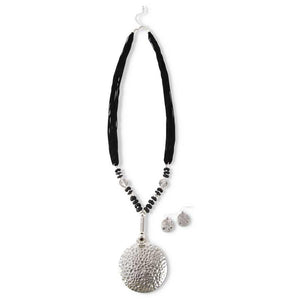 Black Thread Necklace Set w/Silver Hammered Pendent