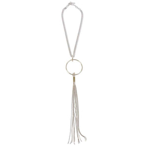 Silver Chain Necklace With Long Gold and White Tassel
