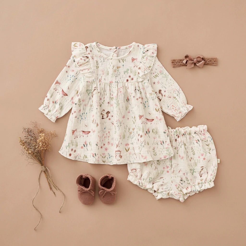 Owl Print Organic Muslin Flutter Baby Dress + Bloomer