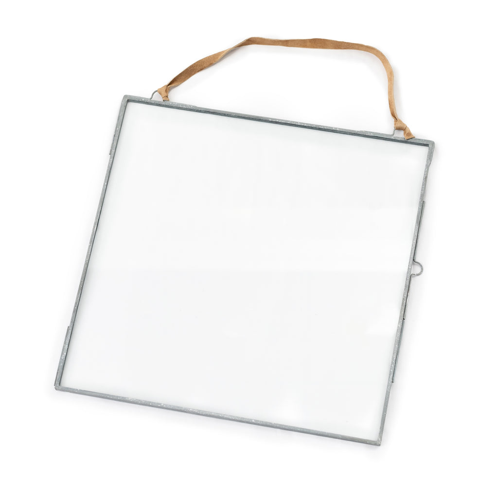 Glass & Zinc Finish Wall Hanging Picture Frame w/Brown Suede