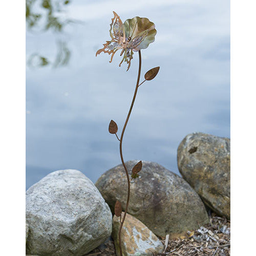 Butterfly on Flower Garden Stake | Flamed Steel