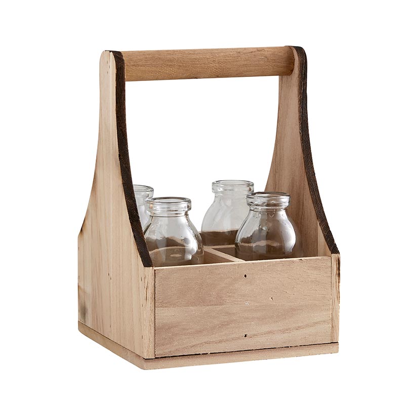 4 Flower Bottles w/Wooden Carrier