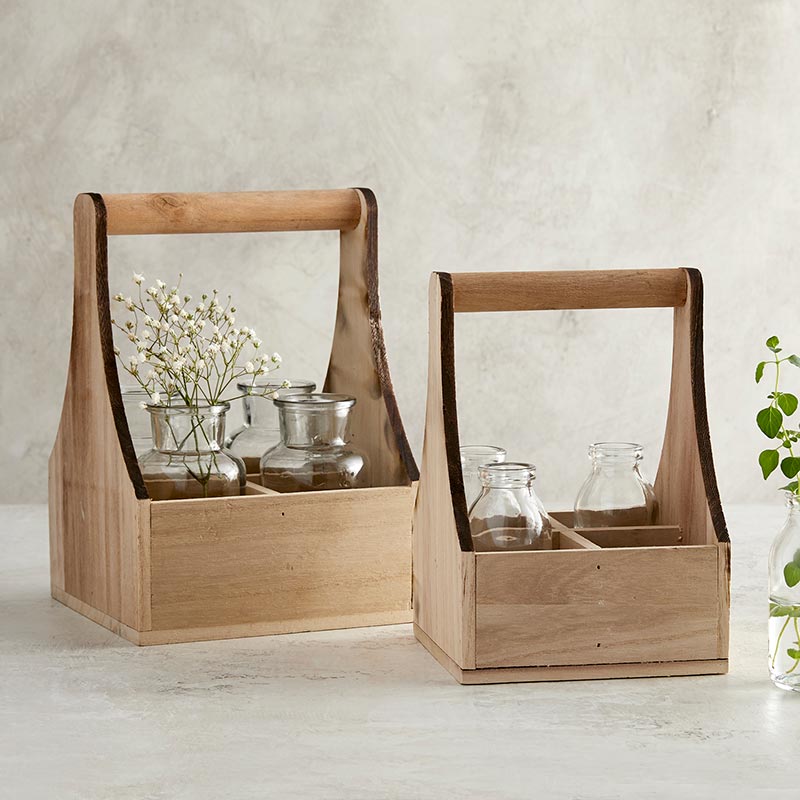 4 Flower Bottles w/Wooden Carrier