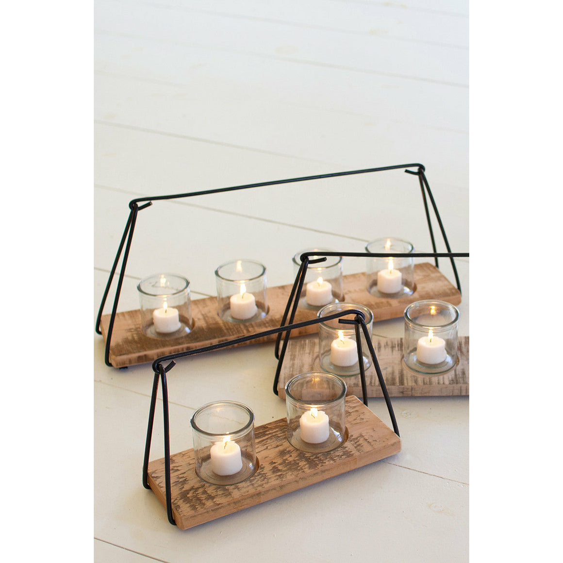 Glass Candle Holders w/Wood & Metal Frame