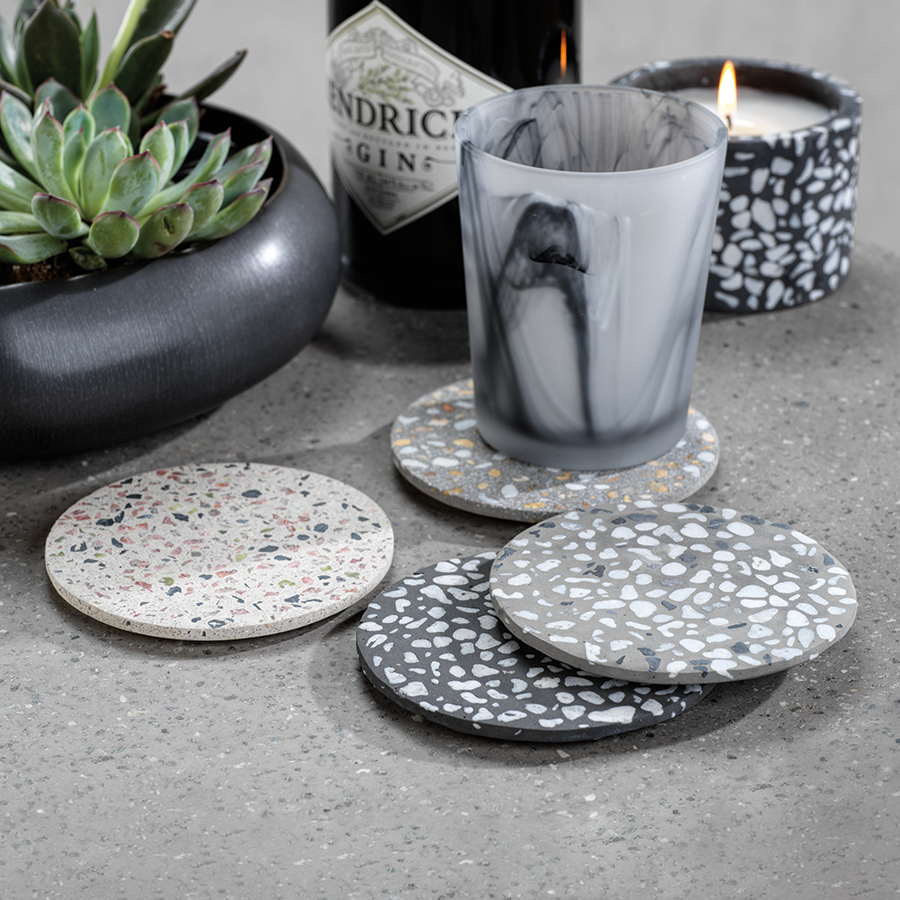 S/4 Artisanal Terrazzo Round Coasters - Raw Steel