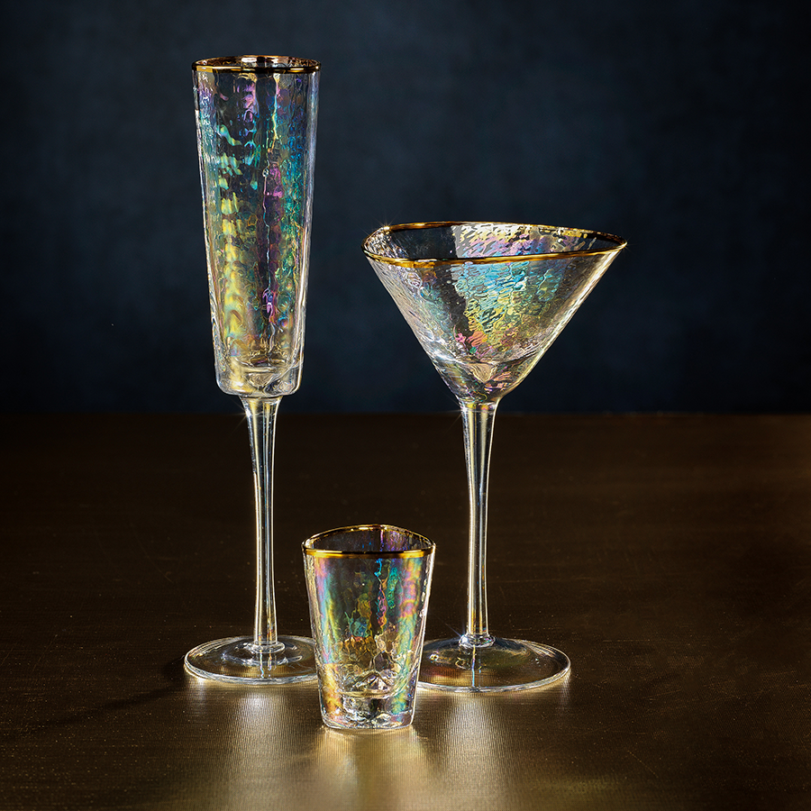 Aperitivo Triangular Barware Glasses - Clear w/Gold Rim & Luster