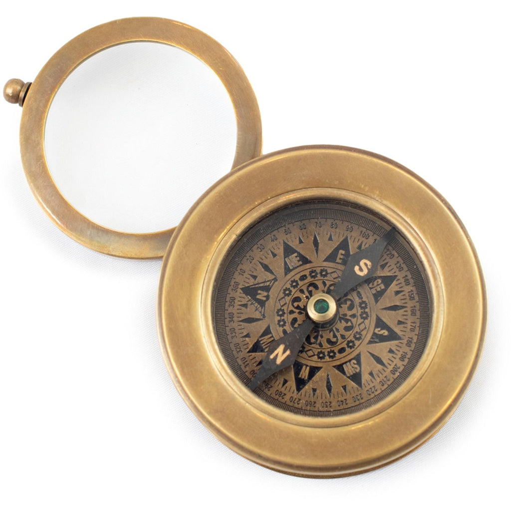 Vintage Style Engraved Compass w/Magnifying Glass (HAFIZ) w/Leather Pouch