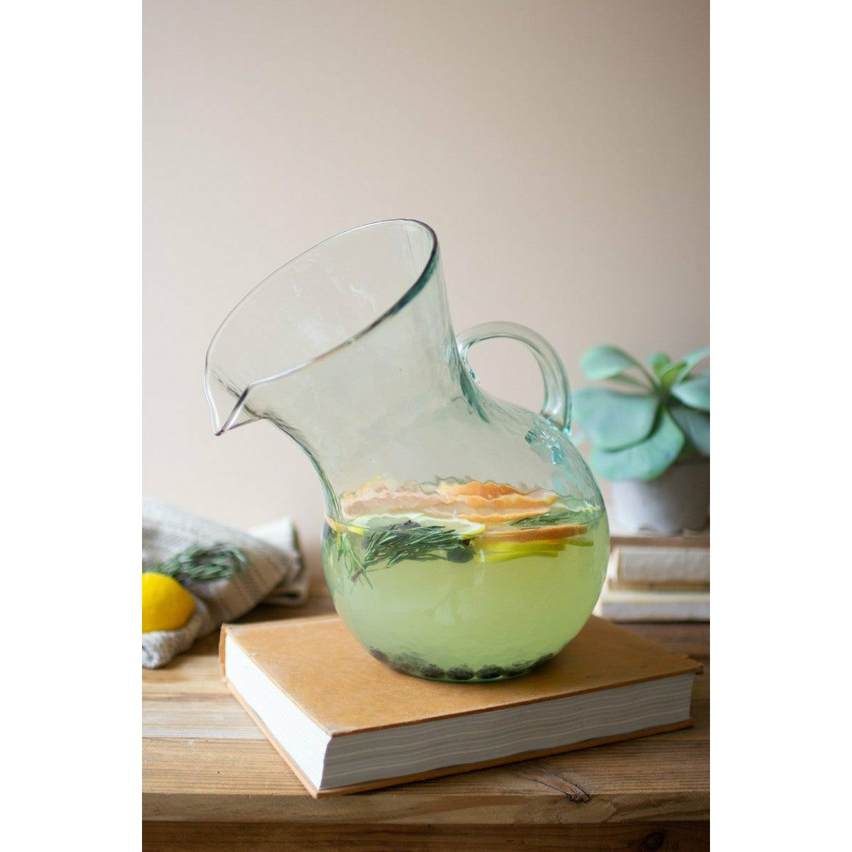 Handblown Recycled Glass Tilted Pitcher