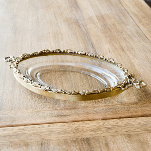 Antique Brass Leaf Trimmed Oval Glass Dish